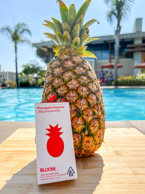 Bloom Pineapple Express disposable vape next to a pineapple fruit in front of a pool